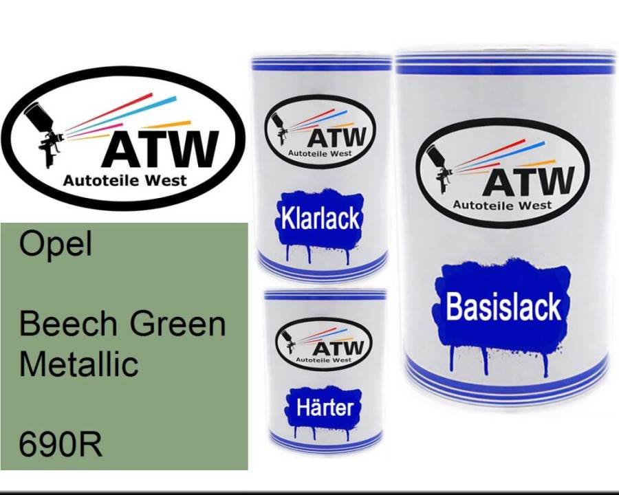 Opel, Beech Green Metallic, 690R: 500ml Lackdose + 500ml Klarlack + 250ml Härter - Set, von ATW Autoteile West.